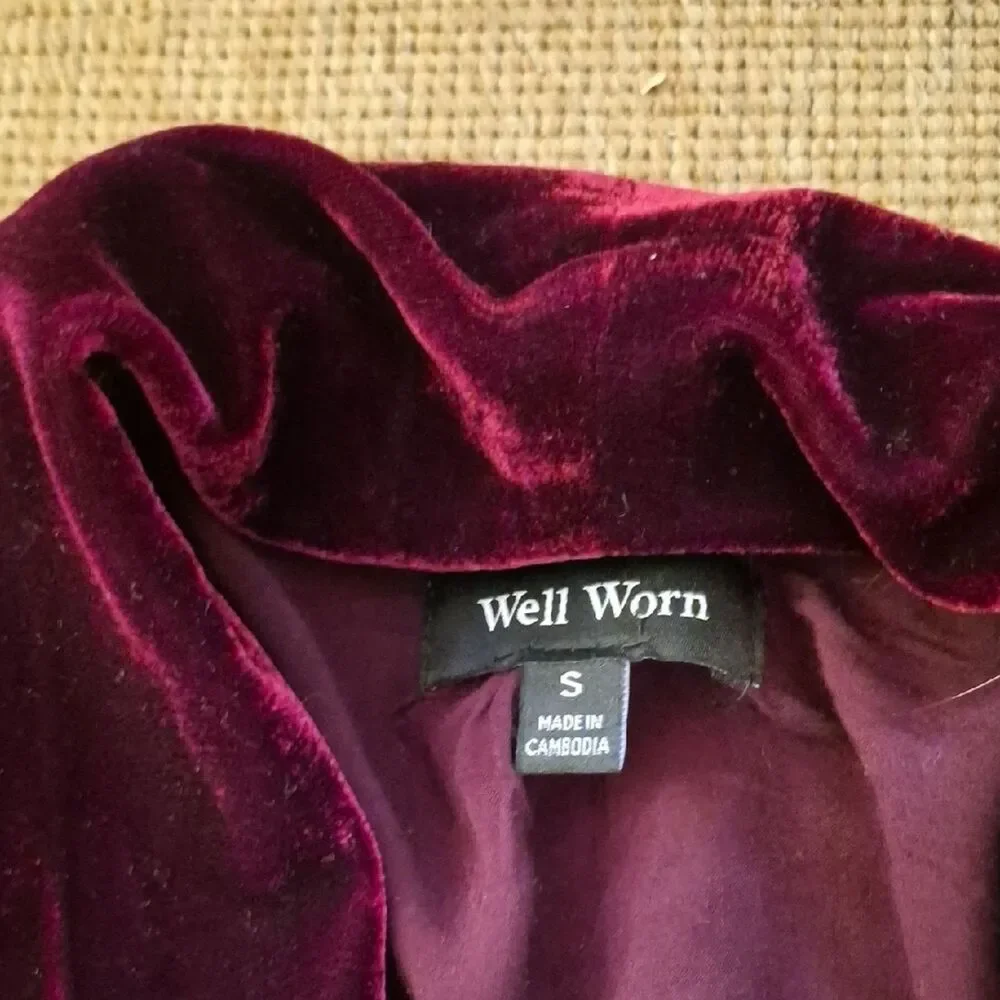 Well Worn Brand Maroon Velvet Blazer Jacket Small S Open Front Dark Burgundy